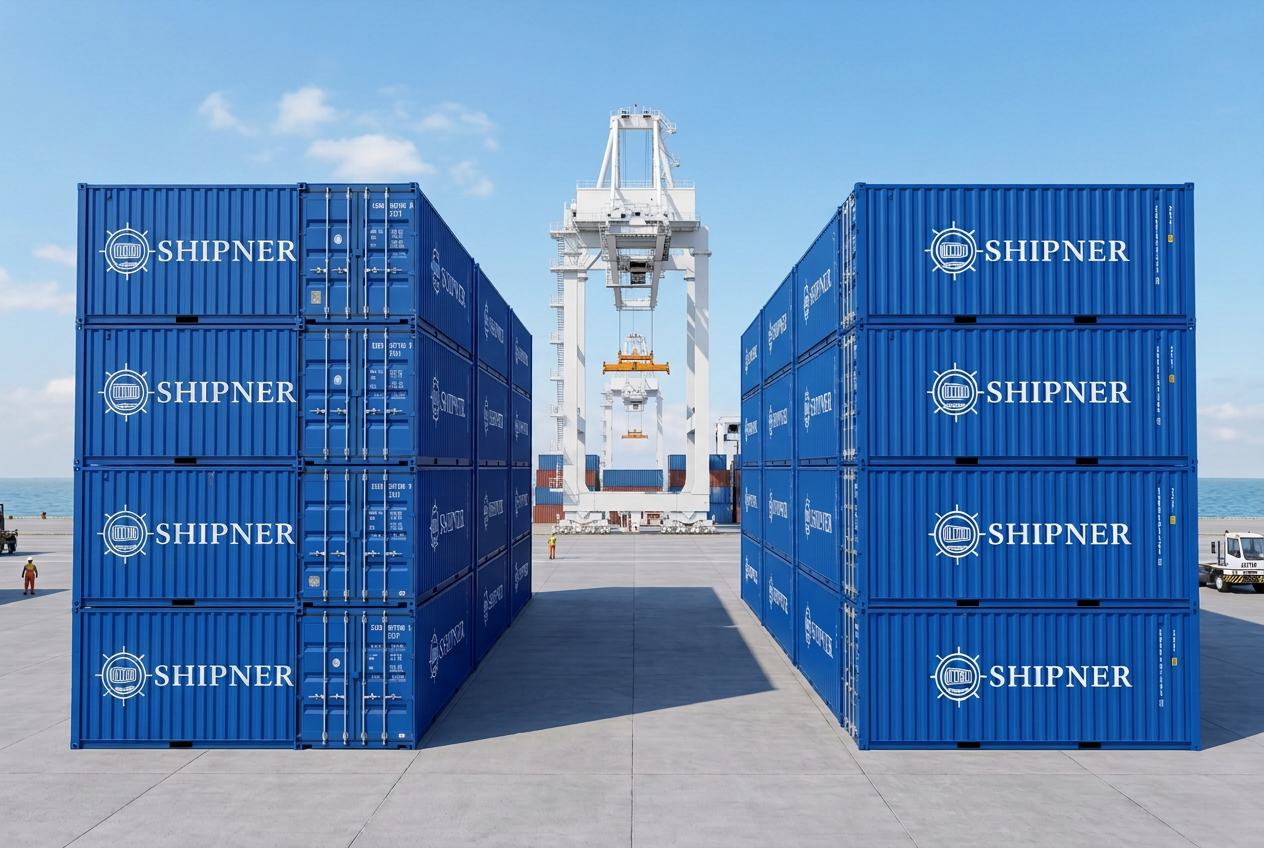 Stacked navy Shipner containers in a terminal yard
