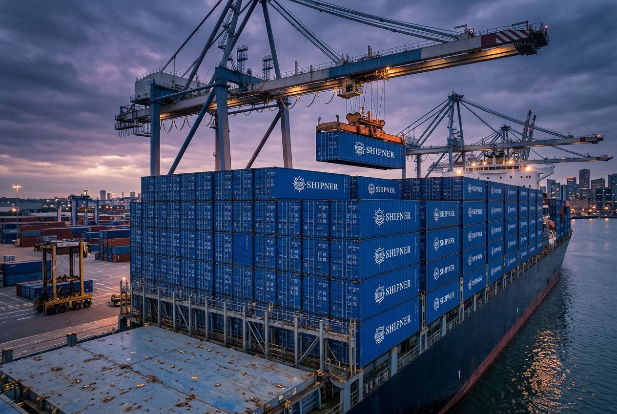 Gantry crane loading Shipner containers onto a container ship