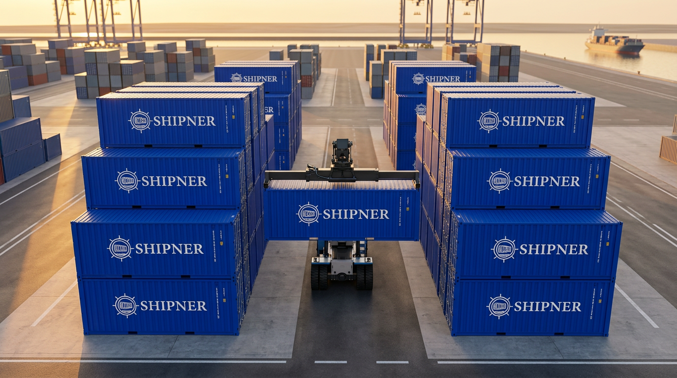 Navy Shipner branded containers stacked in a terminal, 3D render